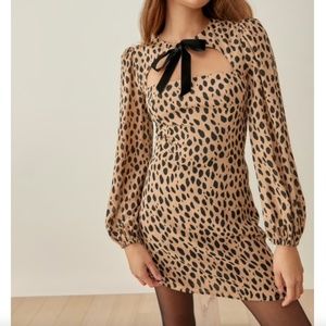 NWT Reformation Terri Dress Bobcat Long Sleeve Tan and Black Size 6 Mini Dress